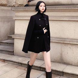Women's Wool Blends Winter black cape coat can be used with loose stand collar medium long woolen for women 221123