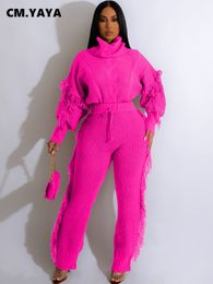 Women s Two Piece Pants CM YAYA Knit Rib Tracksuit Tassel Sleeve Turtleneck Sweater and Side Suit INS 2 Set Outfits 221123