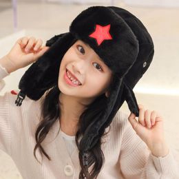 Hats HT2766K Russian Hat Thick Warm Kids Winter Child Black Fur Ski Earflap Cap Boys Girls Bomber Children