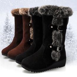 Boots Winter Women Casual Warm Fur MidCalf shoes SlipOn Round Toe wedges Snow Muje Plus size 42 221123