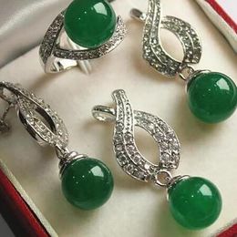 new jewelry silver plated 12mm green jades Necklace earring ring set