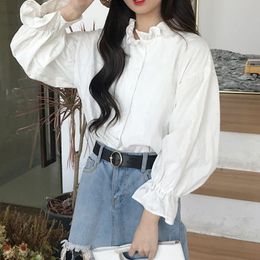 Women's Jumpsuits Rompers Ruffle White Shirt Oversize Puff Sleeve Top Women Korean Fashion Collared Shirt Elegant Clothing Loose Blouse Femme Casual 221123