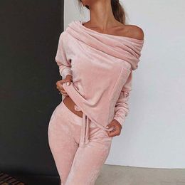 Women s Two Piece Pants Autumn Women Warm Velvet 2 Set Tracksuit Velor Smooth Off Shoulder Sweatershirt Sports Suit Slash Neck Fitness G3 221123