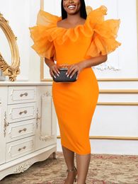 Party Dresses Women Birthday Orange Puff Ruffles Smocked Tulle Neck Midi Dress African Ladies Elegant Date Out Event Clothes 221123