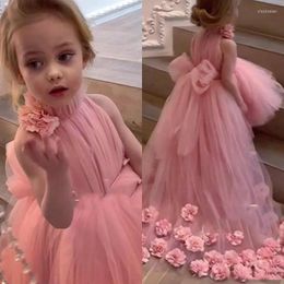 Girl Dresses Lovely Tulle Pink Flower For Weddings High Neck Sleeves Sweep Train 3D Floral Applique Communion Dress Girls Pagean