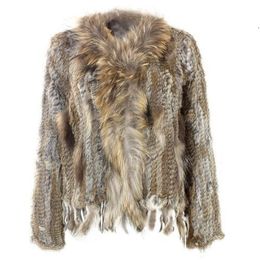 Women's Fur Faux Natural Knitted Rabbit Vest With raccoon Collar long sleeve fur coat with tassel Customised overcoat large size 221123