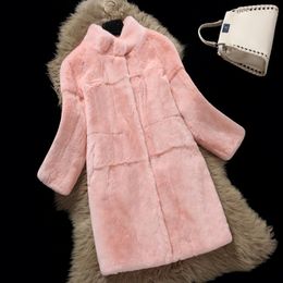 Women's Fur Faux winter stand collar whole skin natural Rex fur coat female nine points sleeves long outerwear coats women's clothing 221123