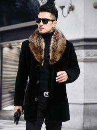 Men's Wool Blends Spring Overcoat Male Faux Fur Coat Autumn Winter with Artifical Collar Trench Mid Length Jacket 221123