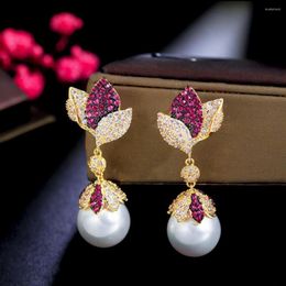 Dangle Earrings CWWZircons Elegant Charming Red Cubic Zircon Stone Setting Leaf Drop Long Pearl For Women Engagement Party Gifts CZ462