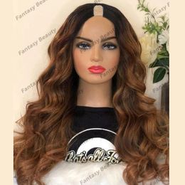 100% Human Hair Wigs Ombre Dark Roots Copper Brown Loose Wavefor Women 1x4 Adjustable Opening Chentest Brow U Part Wigs Glueless Remy