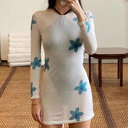 Casual Dresses OMSJ Floral Print O Neck See-through Mini Dress 2022 Summer Beach Holiday Daily Long Sleeve Pullover Bodycon Sundress