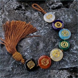 Pendants Natural Stone Agate Jade Seven Chakra Symbol Window Car Wall Hanging Pendant Tassel Ornaments Home Decoration Yoga Meditati Dh3Mv