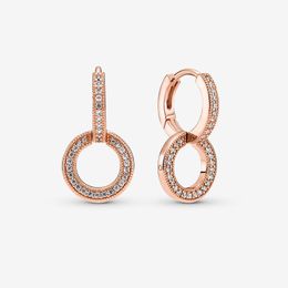 Women Rose Gold Sparkling Double Hoop Earrings with Original Box for Pandora Authentic Sterling Silver Wedding Jewelry CZ diamond Stud Earring Set