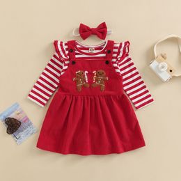 Clothing Sets -08-01 Lioraitiin 0-24M Infant Baby Girl Christmas Stripe Print Long Sleeves Ruffle Romper Gingerbread Man Bib Dress 221122