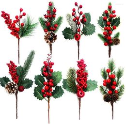 Decorative Flowers 1pc Artificial Christmas Red Berry Branch Multi Type Snowflake Pine Needle Branches For Xmas Wreath Supply Noel DIY