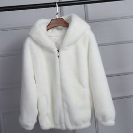 Women's Fur Faux Lady Artificial Hooded Soft Jacket White Grey Pink Rabbit Imitation Outcoat Winter Grass Mink Coat 221123