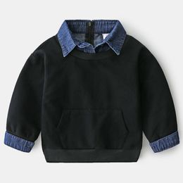 Pullover Spring Autumn Design 2 3 4 5 6 7 8 9 10 12 Years Children Turn down Collar Denim Patchwork Sweatshirt For Kids Baby Boy 221122