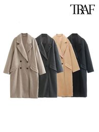 Women's Wool Blends TRAF Women Fashion Oversized Double Breasted Woollen Coat Vintage Long Sleeve Flap Pockets Female Outerwear Chic Overcoat 221123