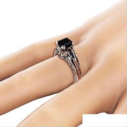Solitaire Ring Black Cubic Zirconia Ring Solitaire Square Diamond Wedding Engagement Rings Women Fashion Jewellery Gift Drop Delivery Dh7Nd