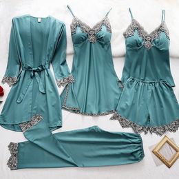 Womens Sleepwear 5pcs Sleep Suit Sexy Lace Pajamas Sets VNeck Satin Pijamas Intimate Lingerie Spring Nightwear Home Wear Pjs 221122