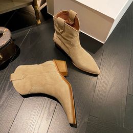 Boots Winter Classic Chelsea for Woman Cow Suede Pointy toe Wedge Heel Ankle Simple Comfortable Cowboy Female 221122