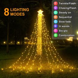 Strings Christmas Tree Garland Waterfall Led String Lights With Star Topper 8 Modes Outdoor Icicle Fairy Light For Xmas Party Home Decor