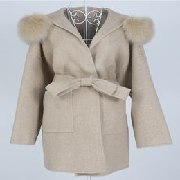 Womens Wool Blends OFTBUY Oversize Loose Cashmere Real Fur Coat Winter Jacket Women Natural Collar Hood Outerwear Belt 221122