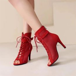 Women Sandals Sexy Hollow Out Mesh Peep Toe Summer Sandals Cut-outs Gladiator Stiletto Lace-up High Heels Red Party