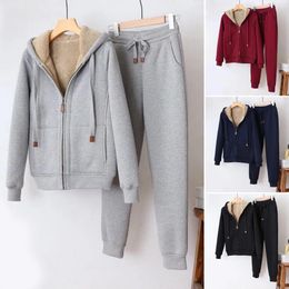 Women s Two Piece Pants Sweatshirt Suit Autumn and Winter Warm Long sleeved Fleece Thick Hoodie Coat Jogger Sportswear Two piece Set 221123