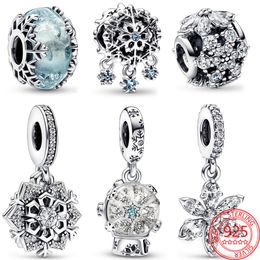 The New Popular 925 Sterling Silver Winter Series Snowflake Charm Blue Glass Beads Snowball Angel Pendant Pandora Bracelet Women's Jewelry Christmas Gift