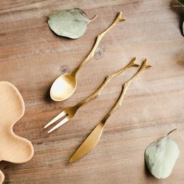 Dinnerware Sets Creative Drink Stirrer Stainless Steel Leaf Fork Spoon Small Golden Coffee Cake Dessert Fruit Wholesale