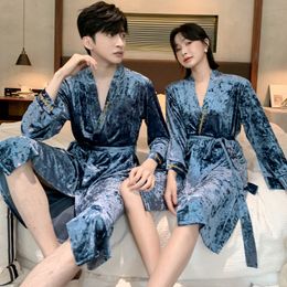 Men's Sleepwear Canary-velvet Robe Couples Wedding Celebration Men Women Ice-flowered Velvet Autumn Winter Bathrobe Red Morning Gown 221122