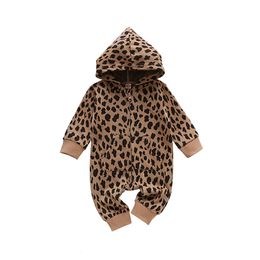 Rompers Infant Baby Girls Boys Leopard Print Hooded Romper Toddler Long Sleeve Front Pockets Jumpsuit Loose Playsuit 221122