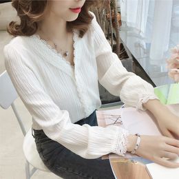 Women's Jumpsuits Rompers Spring Summer Women's Blouse Chiffon Shirt Longsleeved Vneck Student Very Fairy White Blouse Lace Edge Western Style Shirt 221123