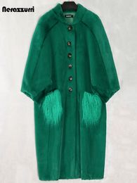 Women's Fur Faux Nerazzurri Oversized Green Long Fluffy Coat Women Bat Sleeve with Mongolian Pockets ry Coats Korean Fashion 221123