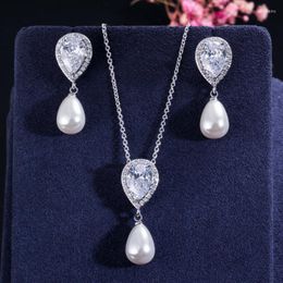 Necklace Earrings Set Brilliant Quality Cute Water Drop Cubic Zirconia Dangling Pearl For Women