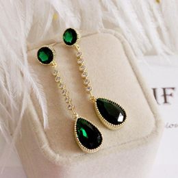 Dangle Earrings Luxury Aristocratic Vintage Fashion Big Water Drop Green CZ Stone Long Beaded Minimalist Women Party Jewelry Gold Color