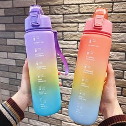 Sports Water Bottle 1000ML Girl Bounce Dustproof Interval Squeeze Straw Lid Timestamped Drinking Outdoor wly935