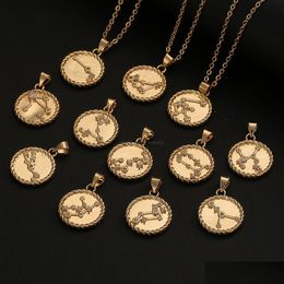 Pendant Necklaces 12 Zodiac Sign Necklace Gold Chain Copper Libra Crystal Coin Pendants Charm Star Choker Astrology Necklaces For Wo Dhiwa