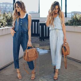 Women's Jumpsuits Rompers Brand Women Summer Solid Sleeveless Denim Jumpsuit Long Trousers Clubwear Rompers Trousers Overalls Navy Blue 221123