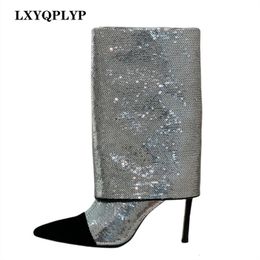 Boots Fashion Winter Leg Pointed Toe Slim Heels Nude Party Dress Sequins Women's Shoes Women Large Size43 221122