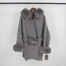 Women' Blends OFTBUY Real Fur Coat Winter Jacket Women Natural Collar Cuffs Hood Cashmere en Oversize Ladies Outerwear 221123