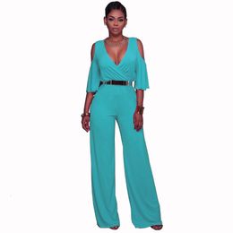 Women's Two Piece Pants Cold Shoulder V Neck Belted Wide Leg Overalls Macacao Feminino Longo Women Half Sleeve Wrap Long Pant Solid Colours Jumpsuit 221123