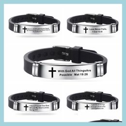 Identification Stainless Steel Tag Id Bible Cross Bracelets Black Sile Bracelet Women Men Wristband Bangle Cuff Fashion Jewellery Drop Dhoyg