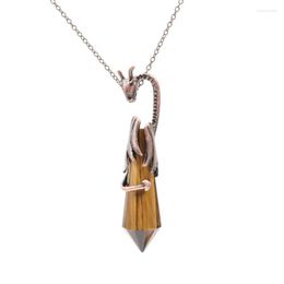 Pendant Necklaces Antique Copper Dragon Wrap Hexagon Prism Tiger Eye Stone Link Chain Necklace Green Aventurine Jewelry