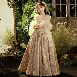 New Year's Gold Sequins Flower Dresses For Wedding Off Shoulder Cap Sleeves First Communion Dress Kids Prom Gown Girls Pageant Gowns 403