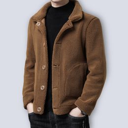 Men's Wool Blends Winter Faux Fur Woolen Coat Men Turn Down Collar Button Black Brown Casual Jacket Outwear Thickening Plus Size Overcoat 221123