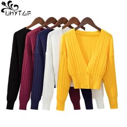 Women's Knits Tees UHYTGF Cardigan Sweater Women Knit Coat Spring Autumn Clothes Woman s Long Sleeve Short V-neck Tops 891 221123