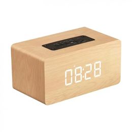 W5C Speaker 52MM Double Horn Wooden 4.2 Bluetooth-compatible Alarm Clock with Time Display and AUX for Smartphone / PC