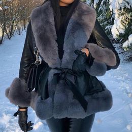 Women's Fur Faux Winter Leather Jacket Stitching Collar Cuff Coat Belt Slim Elegant Warm Thick Overcoat Female 221123